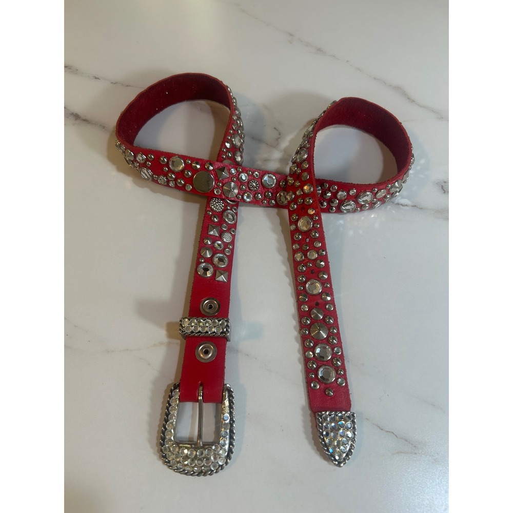 Red Leather Western Studded Rhinestone Belt Silver Hardware Size L
